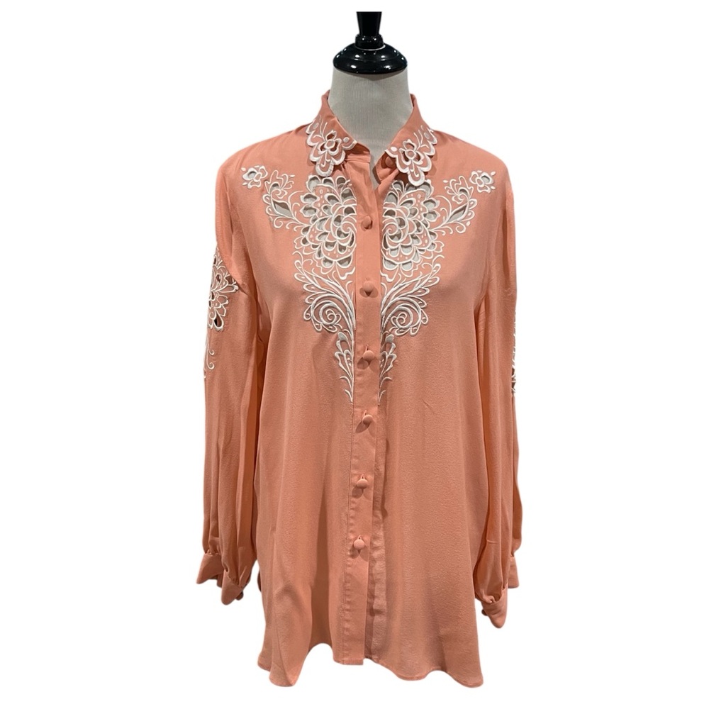 Bob Mackie SIlk Embroidered Cutout Floral Button Down Shirt Large